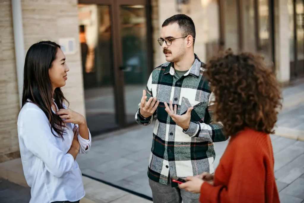 A group of people having a respectful and mindful conversation about political topics.